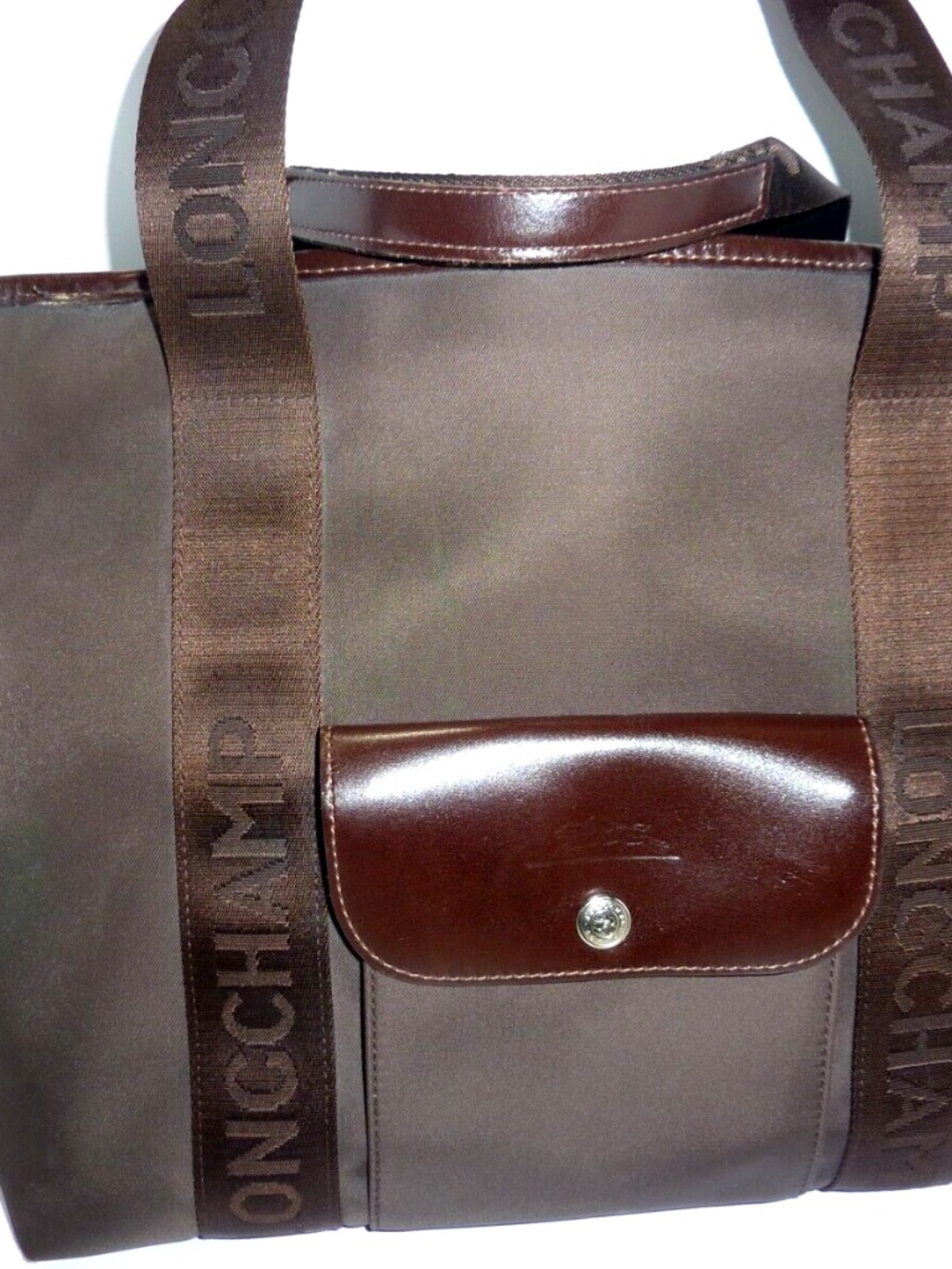 LONGCHAMP TOTE BROWN NYLON CANVAS LEATHER TRIM TRAVEL SHOULDER BAG